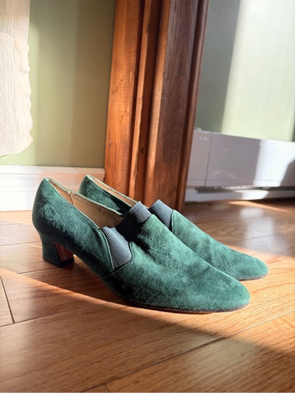 Vintage Sesto Meucci Italy Emerald Green Suede Heels 8N 80s Old Money Loafers